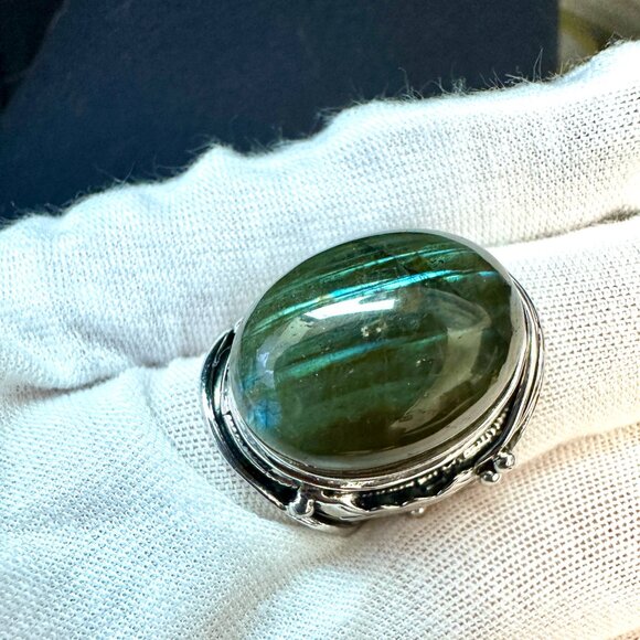 925 Sterling Silver Green Labradorite Statement Ring - Size 8.25 - Picture 6 of 11